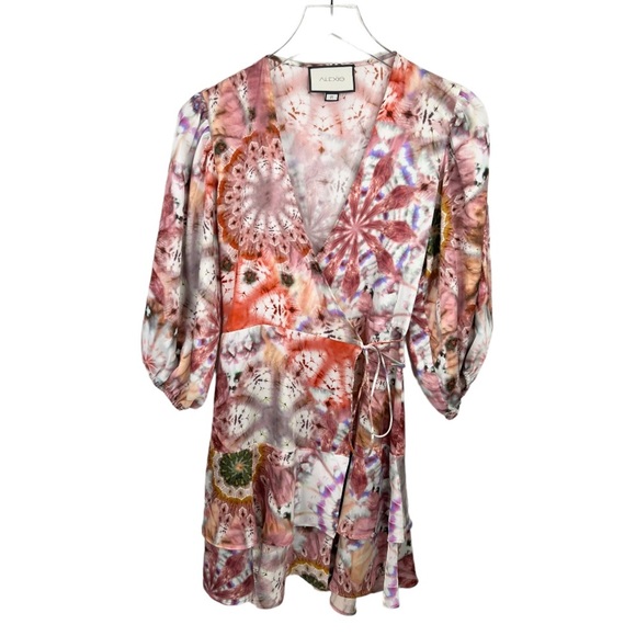 Alexis Lucine Mixed Print Wrap Mini Dress Size Medium Rose Tie Dye Multi - Picture 3 of 8